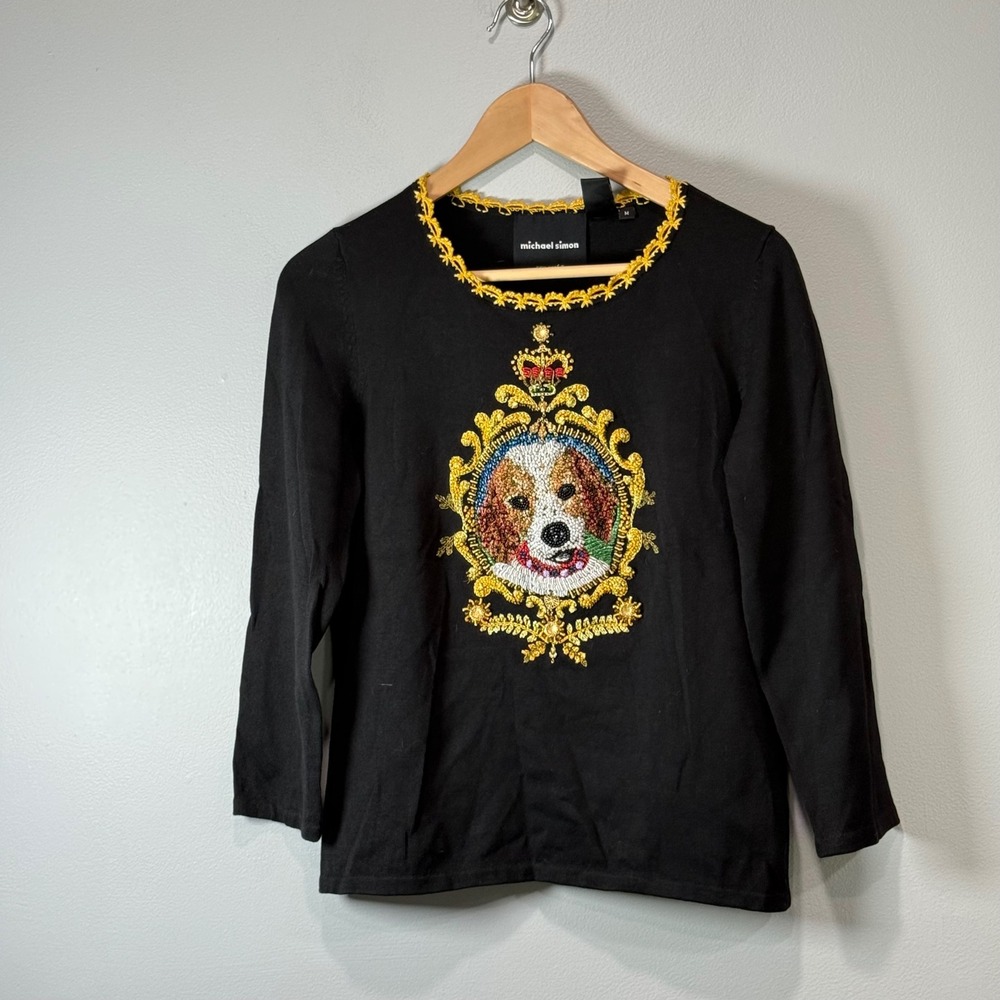 Michael Simon Vintage Silk Blend Beagle Dog Beaded Embroidered Knit Top‎ Black M